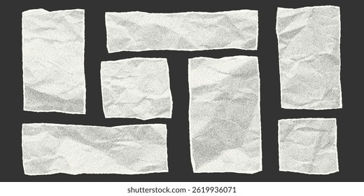 Set of torn crumpled paper in the form of uneven rectangle. Elements with jagged torn edges, notebook sheets with dotted gritty texture, halftone effect.