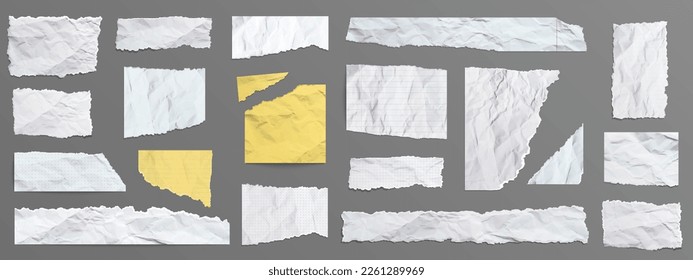 Set of torn and crumpled paper scraps isolated on grey background. Realistic vector illustration white and yellow pieces of ripped notebook, diary, scrapbook pages with wrinkled texture, uneven edges