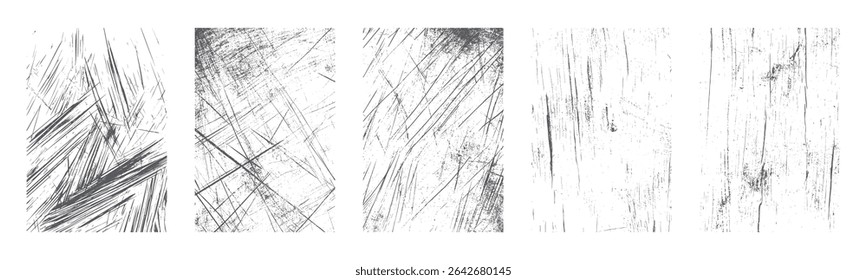 Set of torn and damaged paper textures with photo card frames, distressed overlays, ripped edges, grainy stamp effects, and grunge style banners	