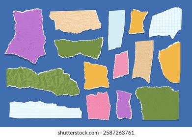 Set of torn edges papers. Tear sheet pieces pack. Note uneven texture stickers badges. Blanks for messages and memo. Scrapbooking small paper shapes. Vector hand drawn collection illustration isolated