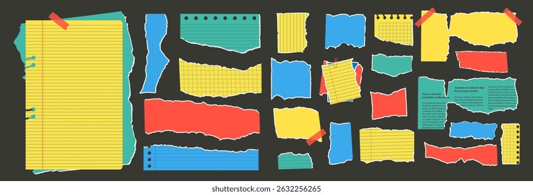 Set of torn edges vibrant papers. Tear empty sheet punk pieces pack. Note uneven texture stickers badges. Blanks for messages memo. Scrapbooking text boxes. Vector hand drawn collection illustration.