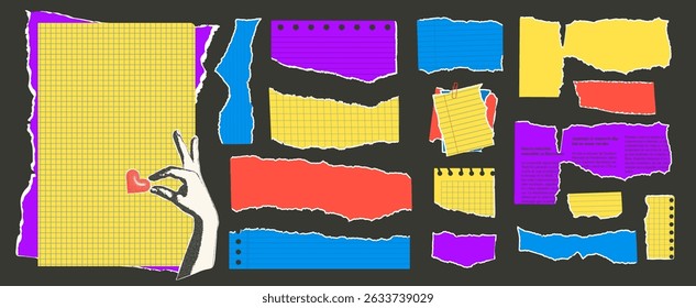 Set of torn edges vibrant papers collage. Tear sheet punk pieces pack. Note uneven texture stickers. Blanks for messages memo. Scrapbooking small paper. Vector hand drawn collection illustration.