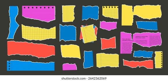 Set of torn edges vibrant papers. Tear sheet punk pieces pack. Note uneven texture stickers badges. Blanks for messages memo. Scrapbooking small paper. Vector hand drawn collection illustration.