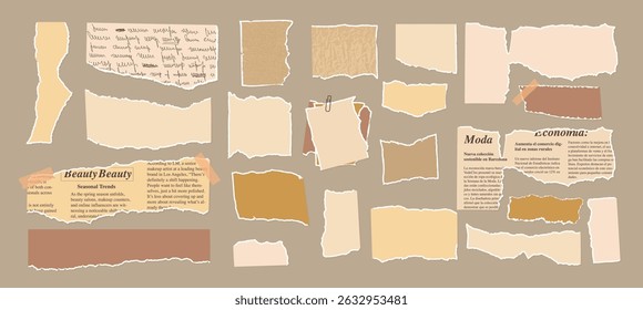 Set of torn edges vintage papers. Tear sheets pieces pack. Jagged freeform recycled templates packaging cardboard. Collage elements. Ripped blank pages. Vector hand drawn collection illustration.