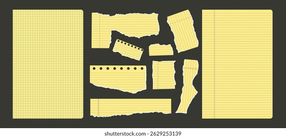 Conjunto de papéis de bloco de notas amarelo de bordas rasgadas. Lacerar o pacote de peças da folha do diário. Observe adesivos de textura desigual. Espaços em branco para memorando de mensagens. Ilustração de coleção desenhada à mão de vetor isolada.