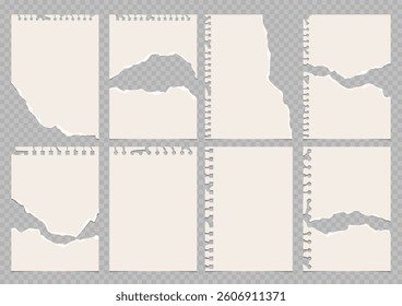 Set of torn empty paper. Sheet of paper from a notebook with rough edges. Vector illustration of sticky notes and notebook pages for banners, posters, posts.
