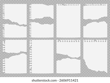 Set of torn empty paper. Sheet of paper from a notebook with rough edges. Vector illustration of sticky notes and notebook pages for banners, posters, posts.