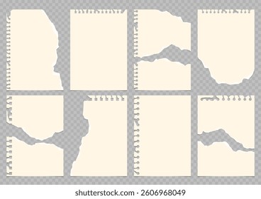 Set of torn empty paper. Sheet of paper from a notebook with rough edges. Vector illustration of sticky notes and notebook pages for banners, posters, posts.