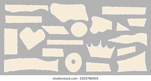 Set of torn empty pieces paper sheets with jagged edges. Scraps of paper. Shredded material of different shapes. Vector illustration