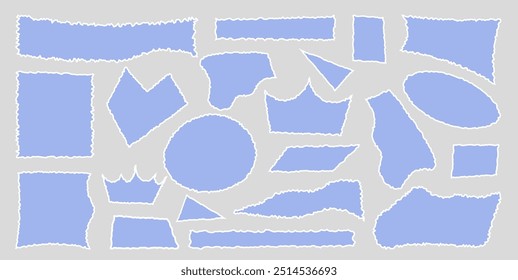 Set of torn empty pieces paper sheets with jagged edges. Scraps of paper. Shredded material of different shapes. Vector illustration