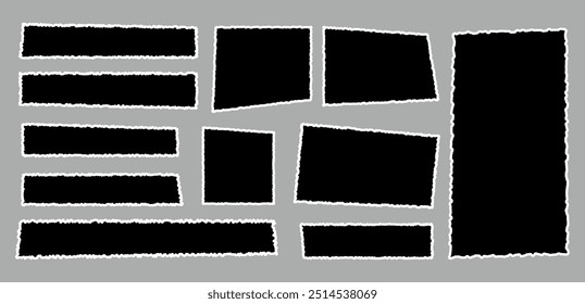 Set of torn empty pieces paper sheets with jagged edges. Scraps of paper. Shredded material of different shapes. Vector illustration