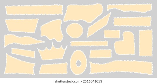 Set of torn empty pieces paper sheets with jagged edges. Scraps of paper. Shredded material of different shapes. Vector illustration