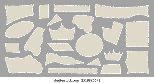 Set of torn empty pieces paper sheets with jagged edges. Scraps of paper. Shredded material of different shapes. Vector illustration