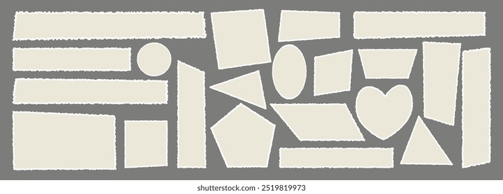 Set of torn empty pieces paper sheets with jagged edges. Scraps of paper. Shredded material of different shapes. Vector illustration