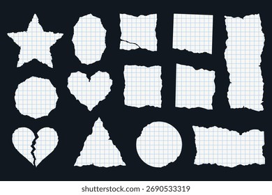 Set of torn graph paper scraps on dark background. Ripped notebook pieces in geometric shapes for collage, craft, and digital scrapbooking.