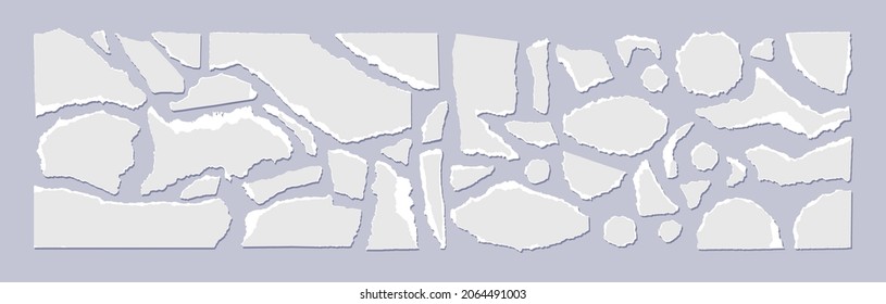 Set of torn gray paper with a white edge isolated on a grey background. Vector illustration of small scraps of torn paper of different sizes and shapes. Crumbled colored pieces of pages.