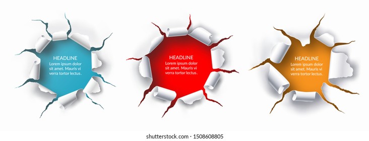 Set of torn holes with ripped edges in the sheet of white paper. Vector background with place for text