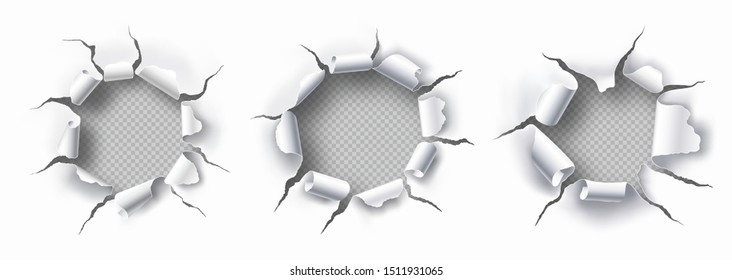 Set of torn holes with transparent background in the sheet of white paper. Place for text