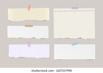 Set of torn horizontal different note papers with color adhesive tape on transparent background.