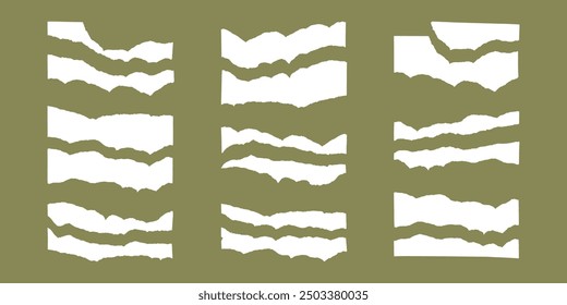 Set of torn horizontal stripes of white clean paper, joining each other. Vector illustration in flat style for design of collages, albums, texts, websites.