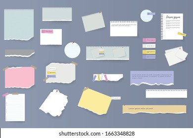 Set of torn horizontal white and colorful paper strips, notes and notebook on a gray background. Torn sheets of notebook, multi colored sheets and pieces of torn paper. Vector illustration, EPS 10.