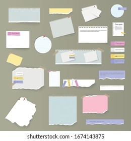 Set of torn horizontal white and colorful paper strips, notes and notebook on a gray background. Torn sheets of notebook, multi colored sheets and pieces of torn paper. Vector illustration, EPS 10.