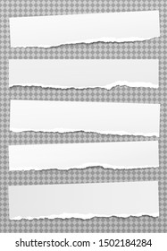 Set of torn horizontal white note, notebook paper pieces stuck on grey squared background. Vector illustration