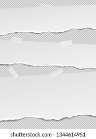 Set of torn horizontal white paper strips are stuck with sticky tape on squared background. Vector illustration.