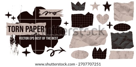 Set torn label shape with jagged star heart crown edges on rectangle scrapbook paper. Memory scrapbooking and vintage photo album decor