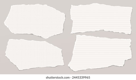 Set of torn, lined, math note, notebook paper with soft shadow are on light grey background for text.