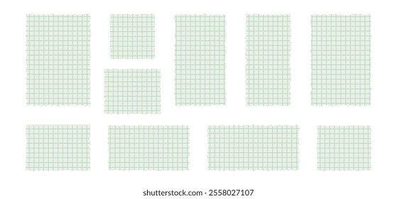 Set of torn lined, math note, notebook paper. Square grid sheet. Ripped pages of school notepad. Vector illustration on transparent background.