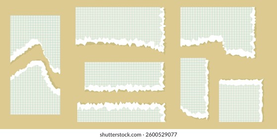 Set of torn lined, math note, notebook paper.  Square grid sheet. Ripped  pages of school notepad. Vector illustration.