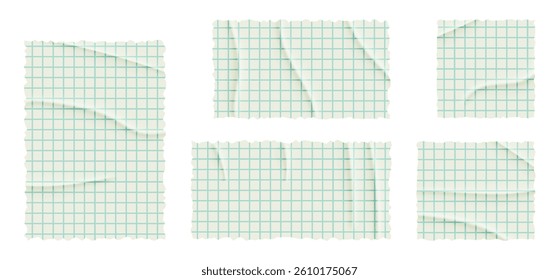 Set of torn lined, math note, notebook paper. Square grid sheet. Ripped pages of school notepad. Vector illustration on transparent background.