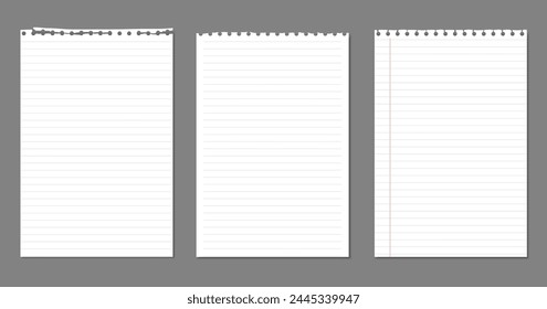 Set of torn, lined notebook paper with soft shadow are on dark grey background for text.