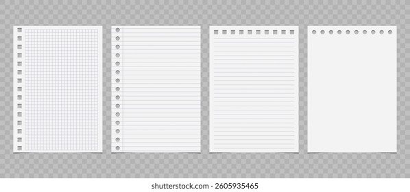 Set of torn lined and squared paper. Torn sheet of paper from a notebook with rough edges. Vector illustration of sticky notes and notebook pages for banners, posters, posts.