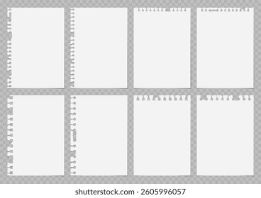 Set of torn lined and squared paper. Torn sheet of paper from a notebook with rough edges. Vector illustration of sticky notes and notebook pages for banners, posters, posts.