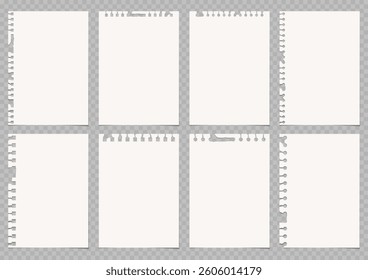 Set of torn lined and squared paper. Torn sheet of paper from a notebook with rough edges. Vector illustration of sticky notes and notebook pages for banners, posters, posts.