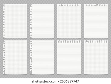 Set of torn lined and squared paper. Torn sheet of paper from a notebook with rough edges. Vector illustration of sticky notes and notebook pages for banners, posters, posts.