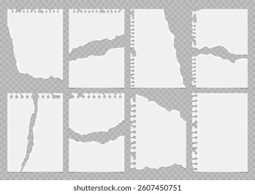 Set of torn lined and squared paper. Torn sheet of paper from a notebook with rough edges. Vector illustration of sticky notes and notebook pages for banners, posters, posts.