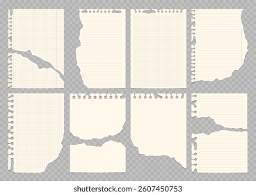 Set of torn lined and squared paper. Torn sheet of paper from a notebook with rough edges. Vector illustration of sticky notes and notebook pages for banners, posters, posts.