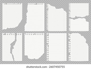 Set of torn lined and squared paper. Torn sheet of paper from a notebook with rough edges. Vector illustration of sticky notes and notebook pages for banners, posters, posts.