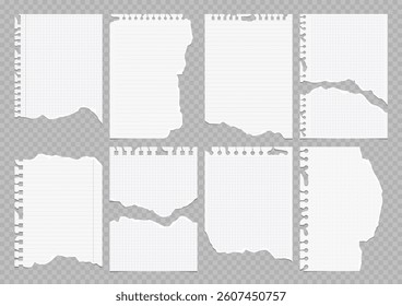 Set of torn lined and squared paper. Torn sheet of paper from a notebook with rough edges. Vector illustration of sticky notes and notebook pages for banners, posters, posts.