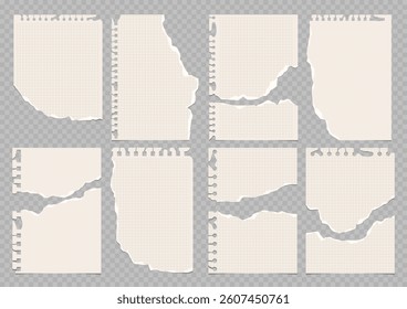 Set of torn lined and squared paper. Torn sheet of paper from a notebook with rough edges. Vector illustration of sticky notes and notebook pages for banners, posters, posts.