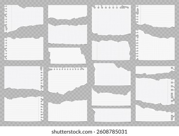 Set of torn lined and squared paper. Torn sheet of paper from a notebook with rough edges. Vector illustration of sticky notes and notebook pages for banners, posters, posts.