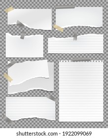 Set of torn lined white note, notebook paper pieces stuck with sticky tape on squared background. Vector illustration