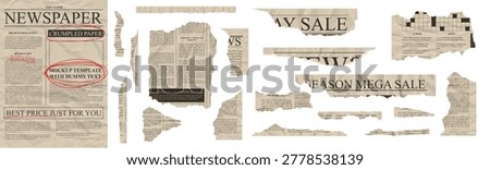 Set of torn newspaper note pieces vintage teture jagged rip edge effect. Ripped page for news collage scrapbook bundle kit. Crumpled sheet template with dummy text with red pen oval scribble underline