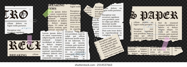 Conjunto de hojas de periódico rotas de papel con recortes de texto en estilo grunge. Vector de trozos de papel de desecho rasgado en jaula y líneas. colección de Elementos de Vector de Antiguas para collage.