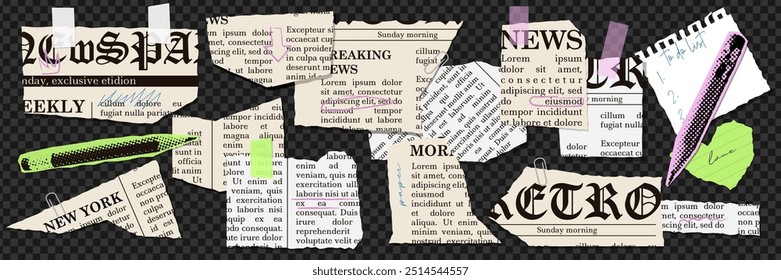 Set of torn newspapers and Notebook sheet for modern collages. Cut strips of Paper with uneven edges. Pieces of vintage book pages trendy design in scrapbook. Ripped notepad textbox. Vector elements.