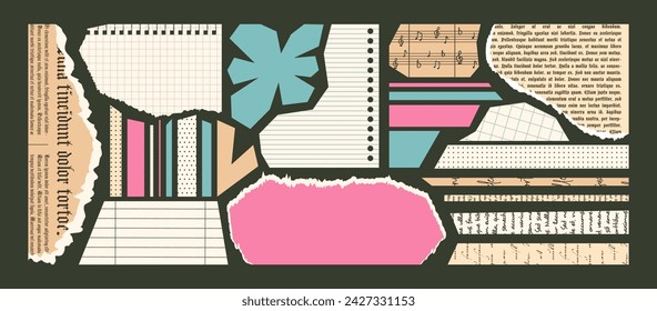 Set of torn newspapers and Notebook sheets for modern Collages. Cut strips of Paper with uneven edges. Pieces of musical notes, vintage book pages trendy design in scrapbook. Ripped notepad textbox.