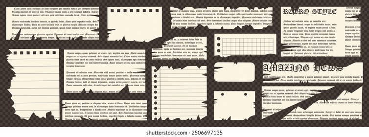 Set of torn newspapers and notebook sheets. A trending newspaper with uneven edges for collages. Cut-out sheets for a notebook in a cage and stripes. Vector.